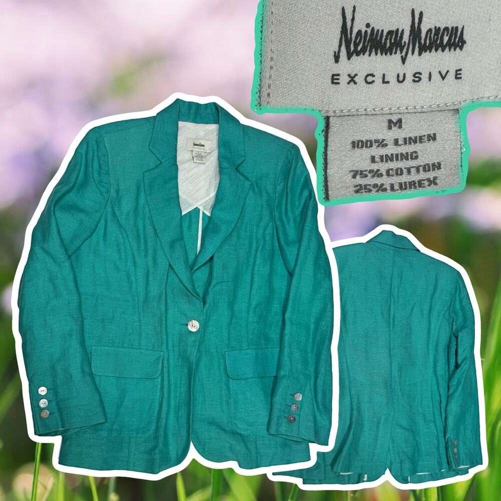 Neiman Marcus Womens Blue Relaxed Fit One-Button Linen Blazer Jacket Size Medium